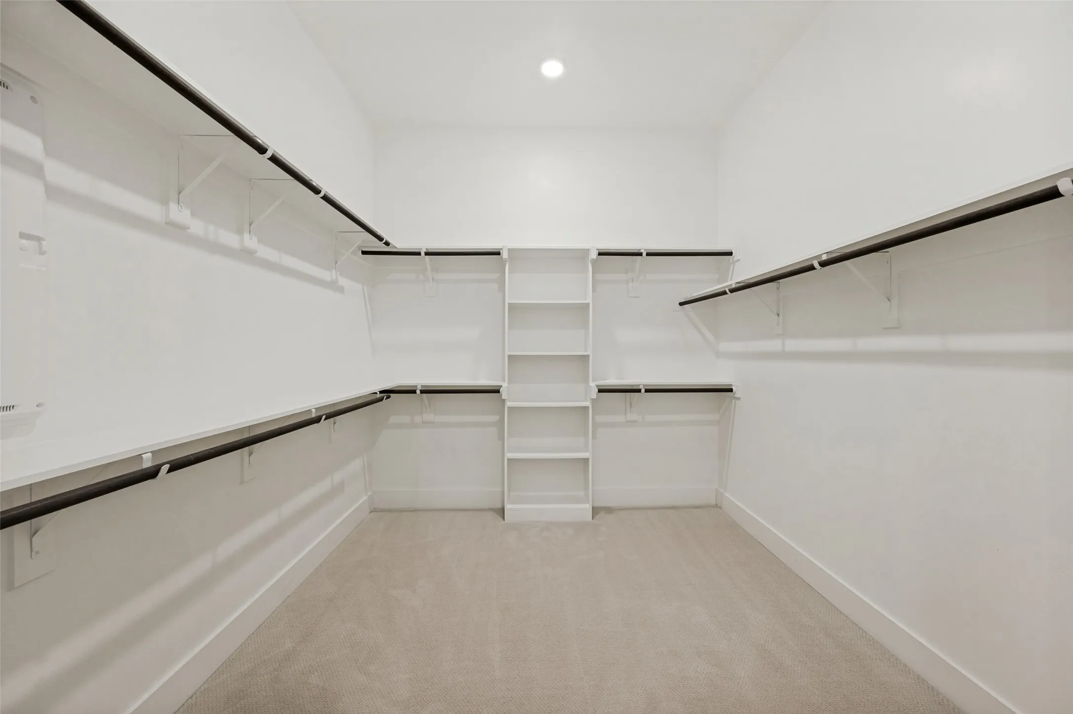 Expansive walk-in closet featuring built-in shelving, multiple hanging rods, and plush carpeting