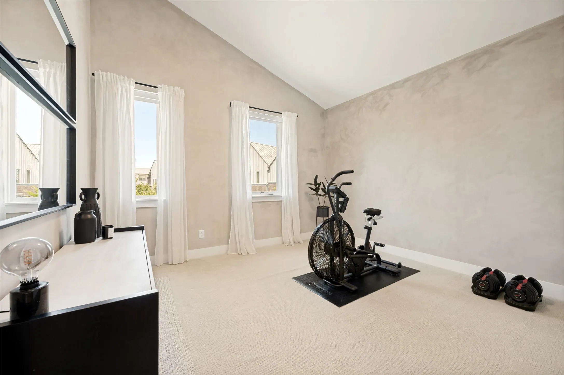 Vaulted ceiling, two windows with white drapery, textured wall finish, and neutral carpet