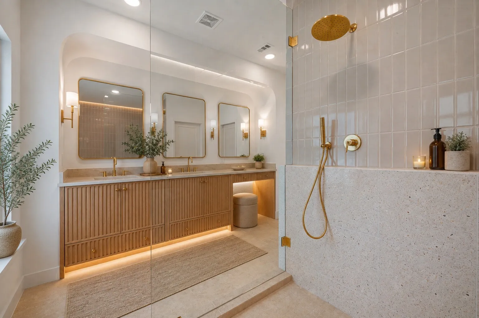 Shower enclosure with glass panel, integrated bench, and rainfall showerhead