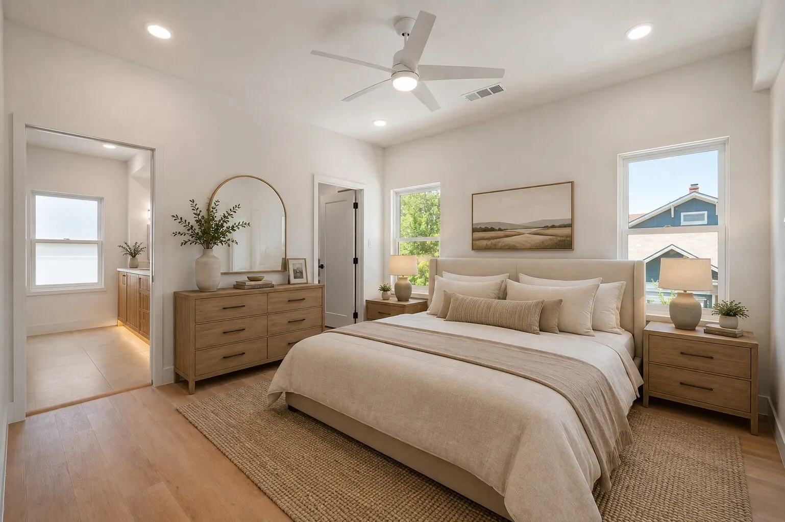 Light-toned wood-finish flooring, recessed lighting, and a ceiling fan with integrated lighting