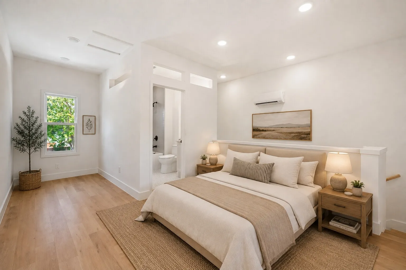 Recessed ceiling lighting, wood-finish flooring, white walls, and a window with natural light