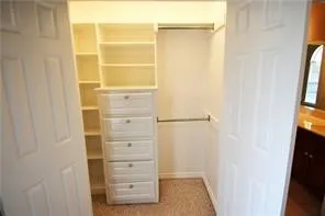 Custom built-in shelving, integrated drawer storage, and two chrome hanging rods within the closet