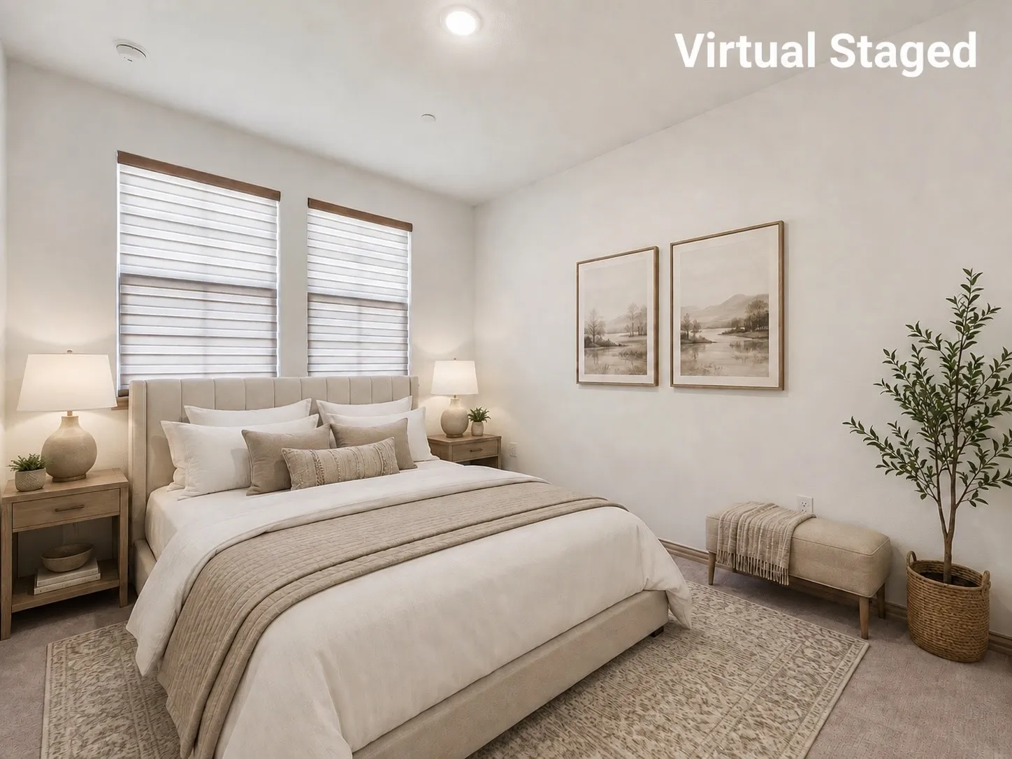 virtual staged Second Bedroom two windows with blinds