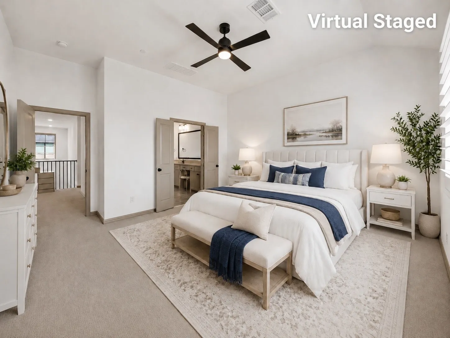Virtual Staged Primary Bedroom
vaulted ceilings, a ceiling fan, window with plantation shutters