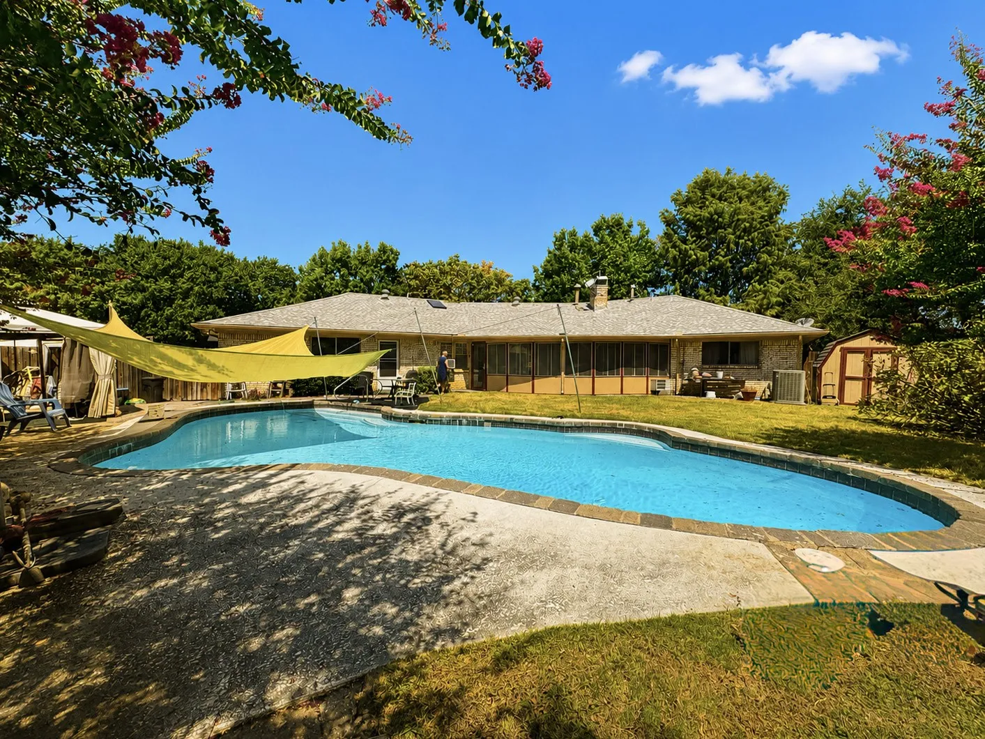 Swimming pool with concrete surround and a separate storage shed