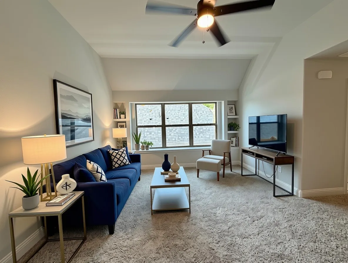 Gameroom has built-in shelves, window seat, and ceiling fan