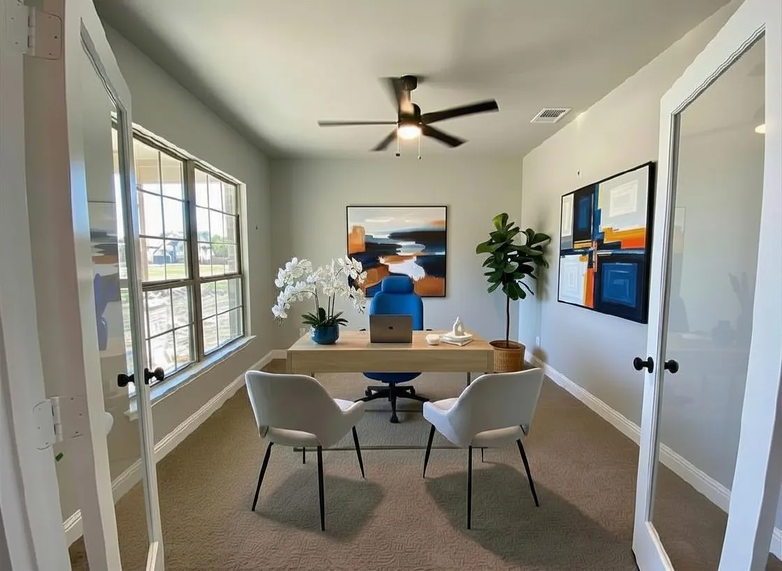 Study with bright windows, ceiling fan, and single lite double doors