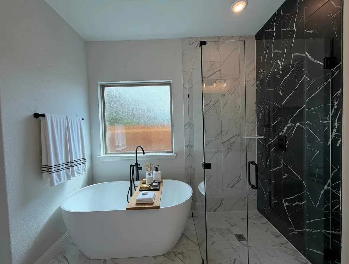 Master bath has spa-like freestanding tub and frameless glass shower with tile pan