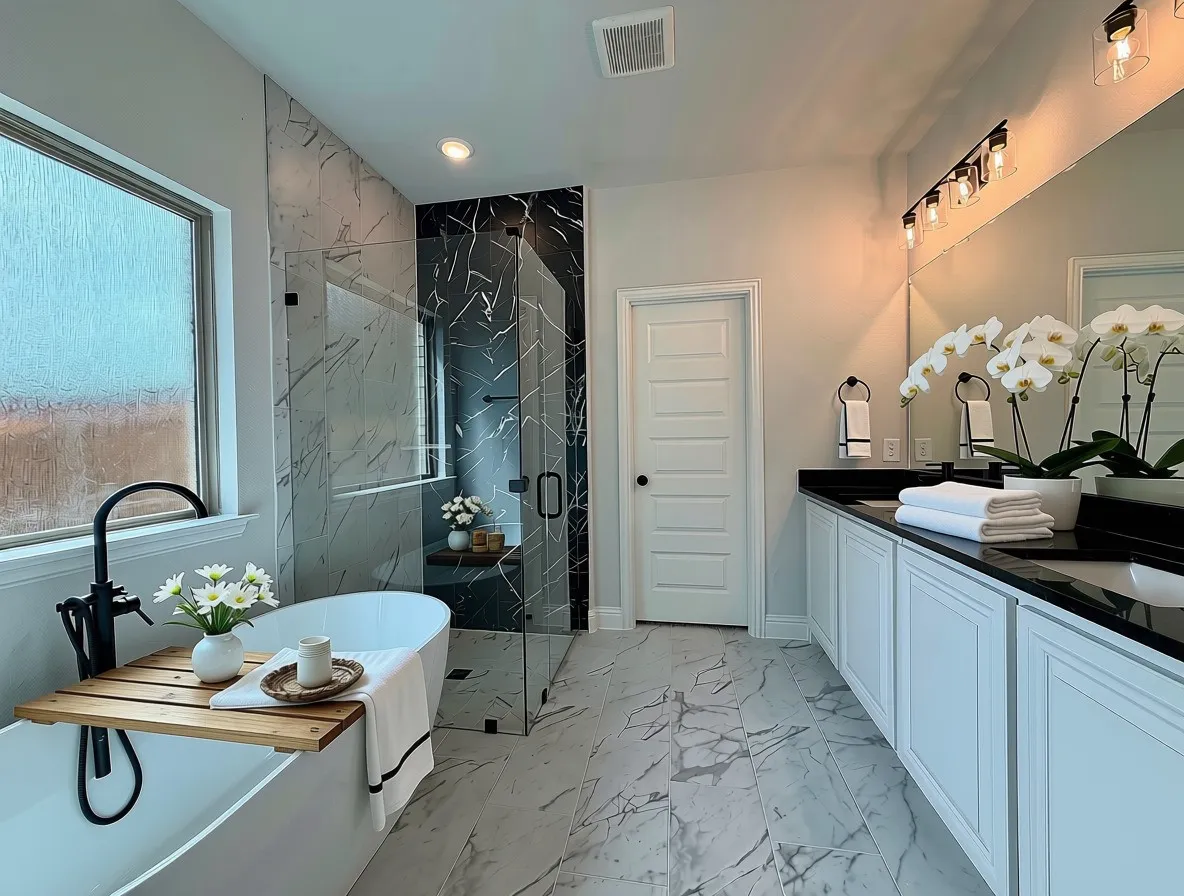 Modern style master bathroom with 12x12 marble style tile on walls and floor plus accent wall in shower