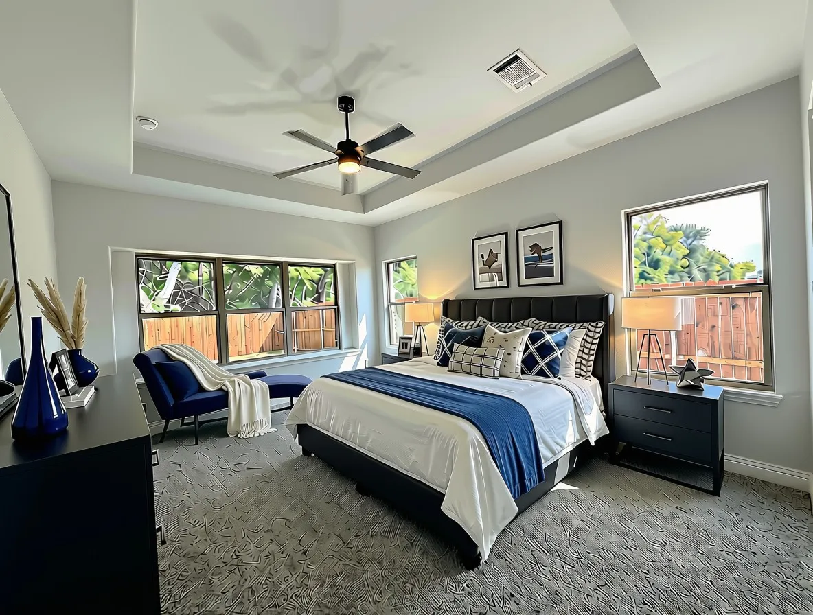 Master bedroom with tray ceiling, window seat, and ceiling fan