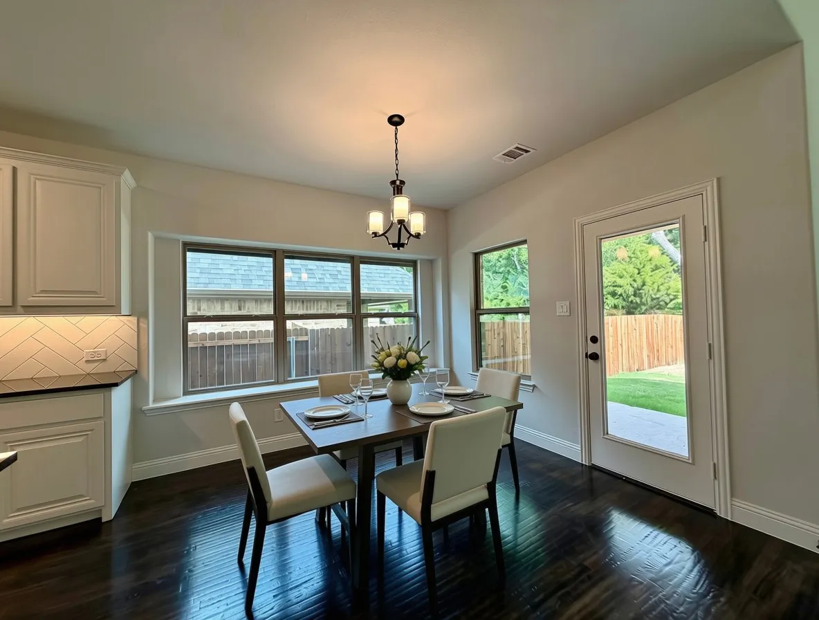 Cafe with window seat, hardwoods, and Matte Black chendelier