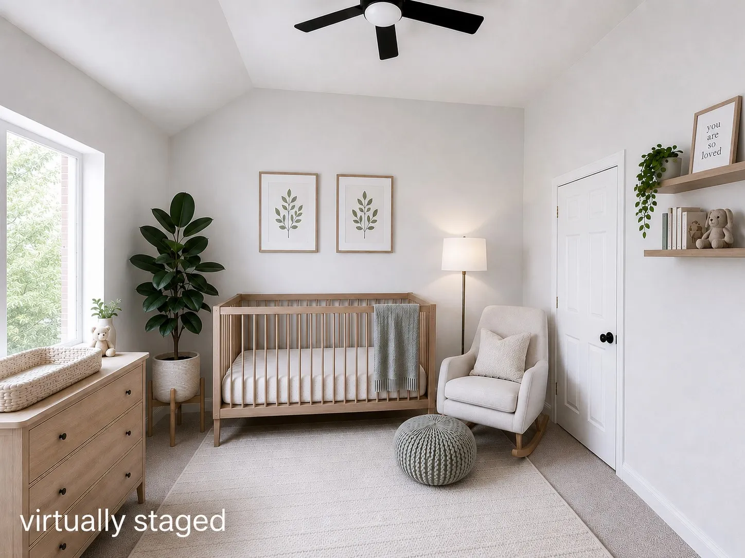 Optional nursery set-up for a bedroom, virtually designed, large window, new fan