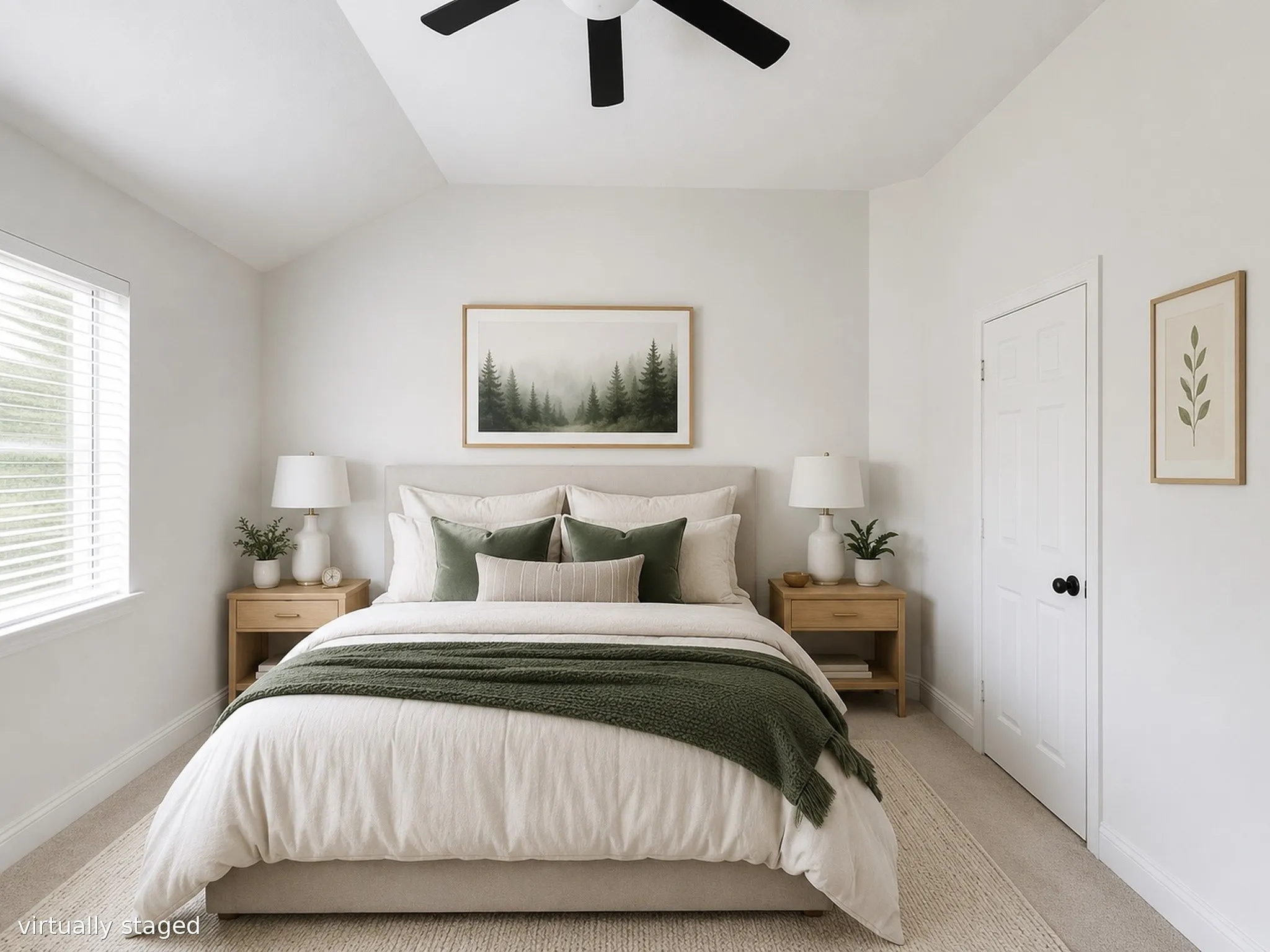 Spacious secondary bedroom featuring vaulted ceilings, a large window with natural light, and a neutral color palette.