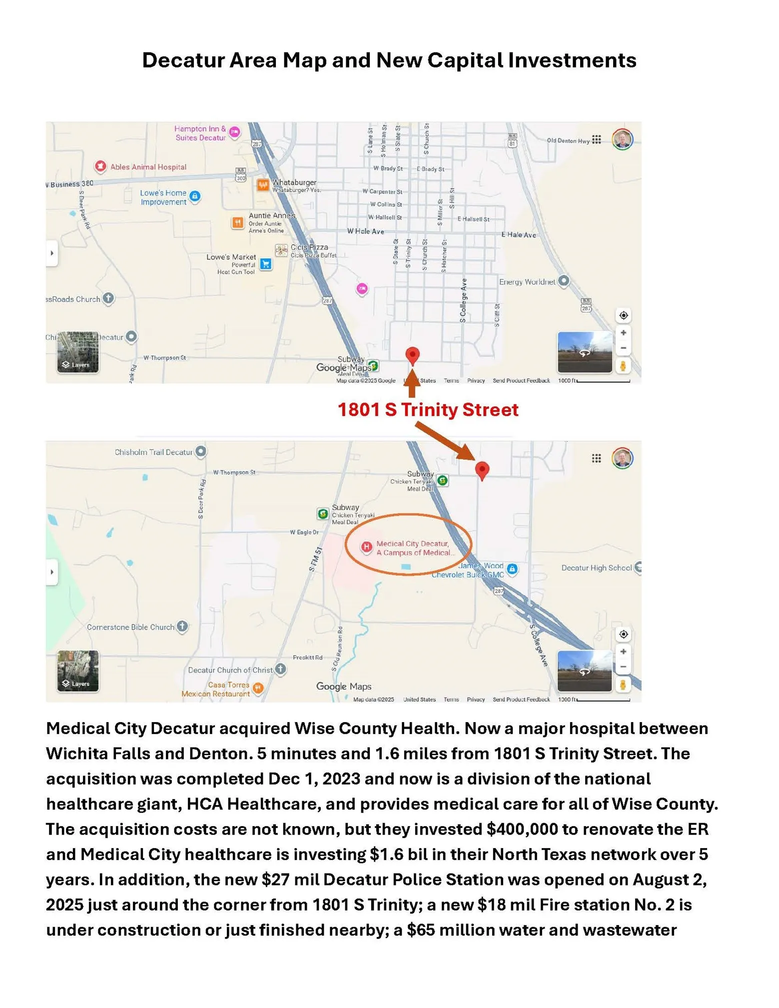 Area Map and Investment Overview. Illustrating the location of 1801 S Trinity Street within Decatur and detailing recent capital investments and infrastructure developments in the surrounding area