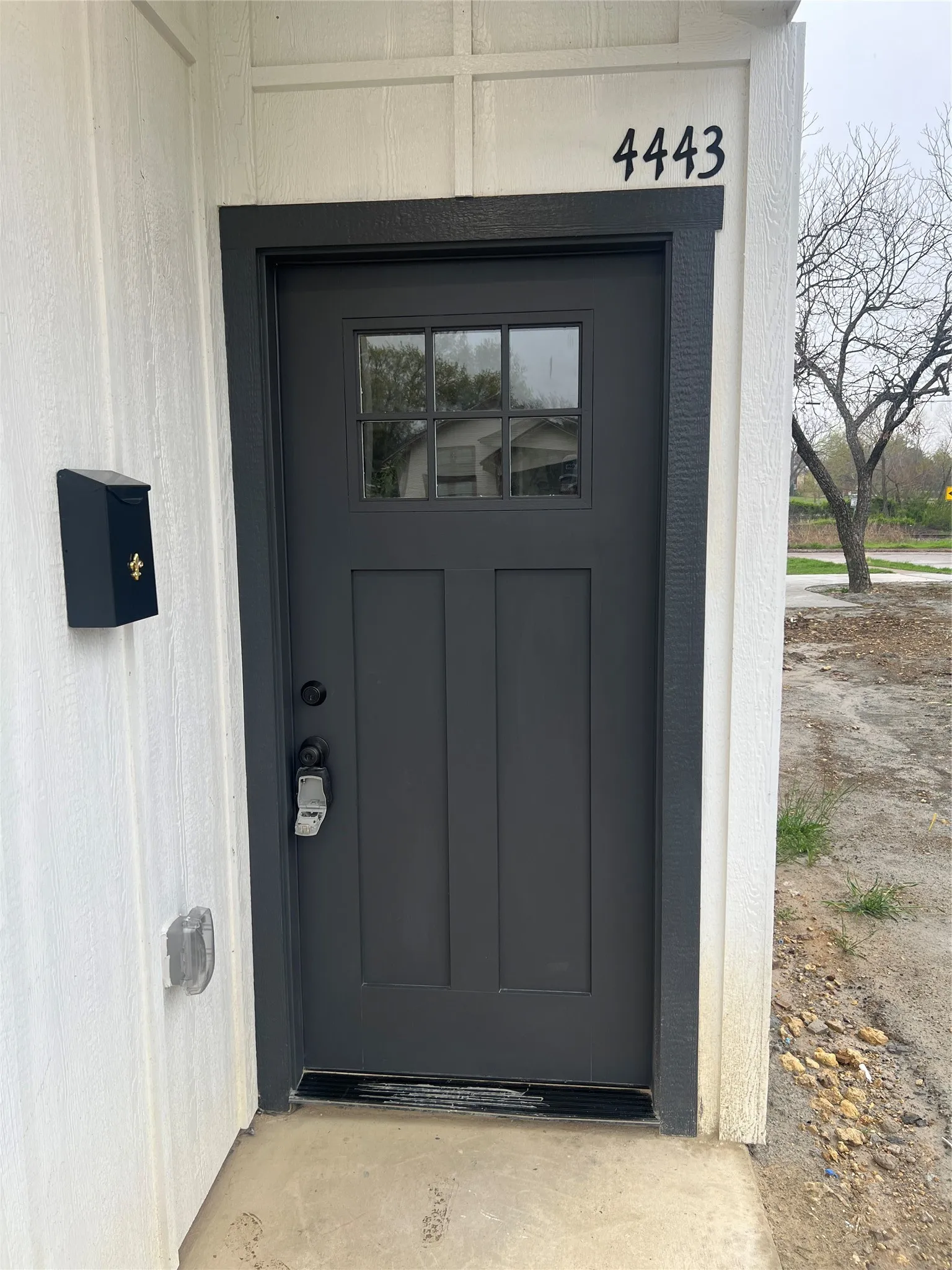 Painted exterior door with clear glass panels, contrasting dark trim, and a wall-mounted mailbox