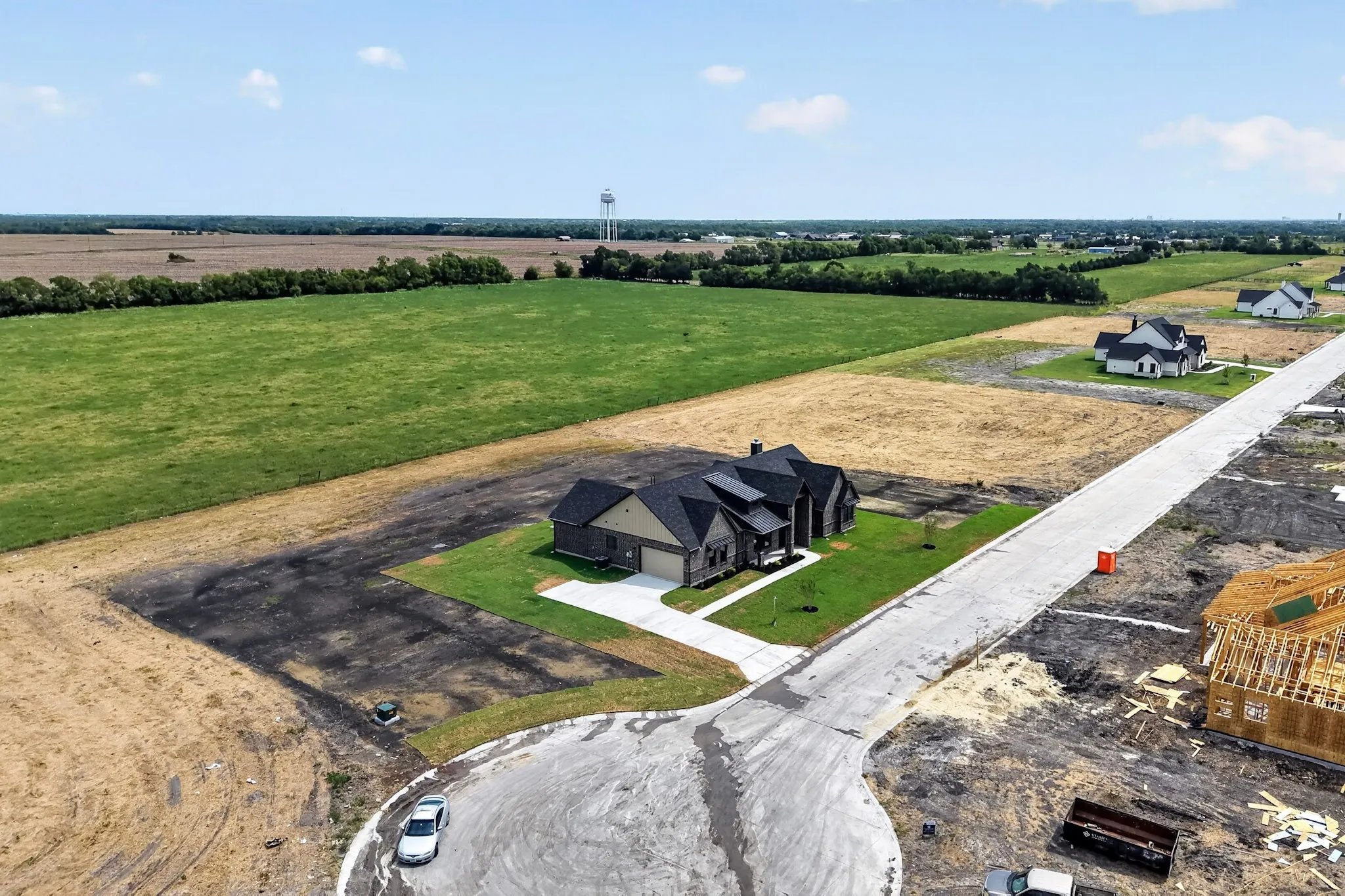 Single-story residence with a dark-toned exterior, concrete driveway, and attached garage
