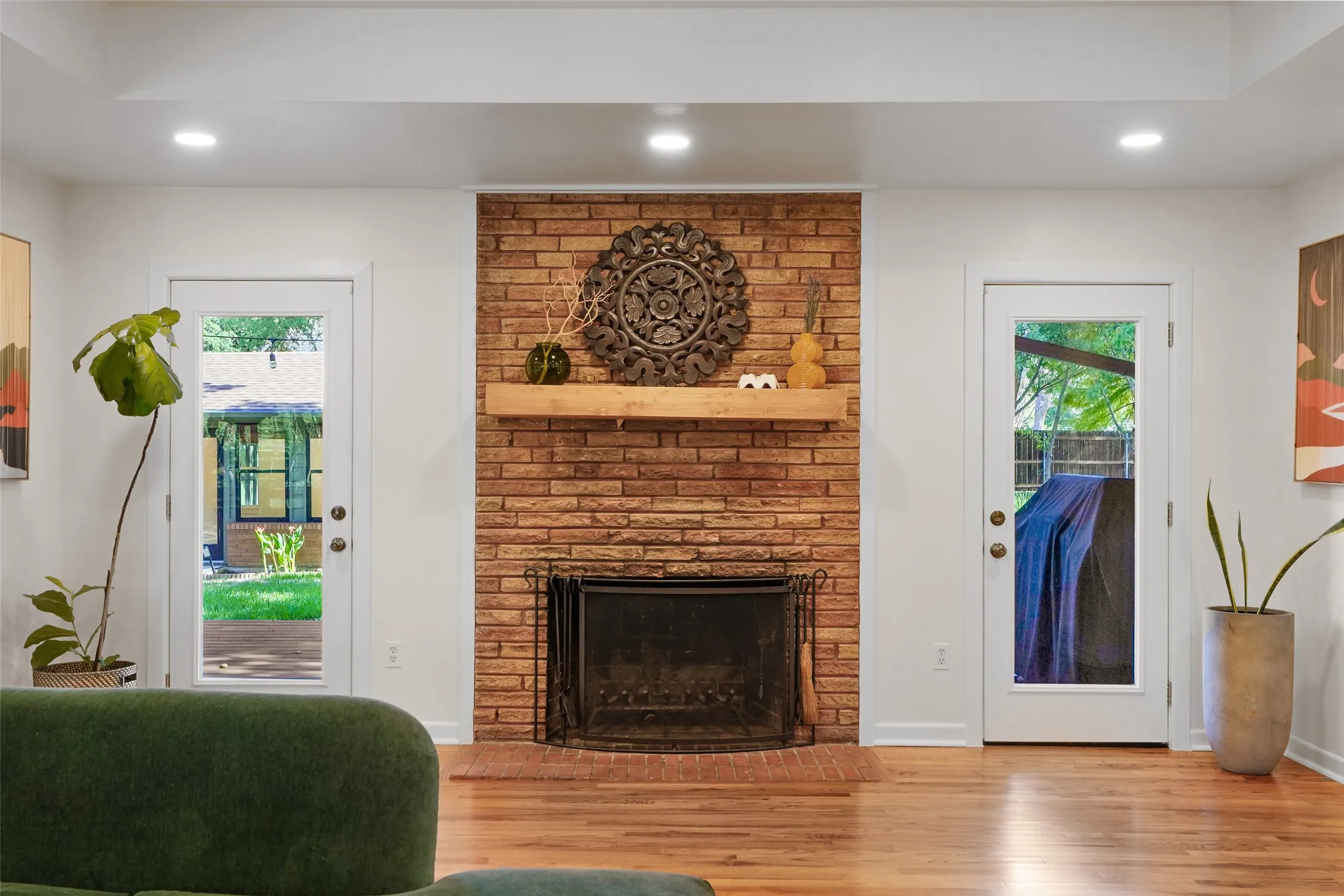 Wood-burning fireplace with original brick detail