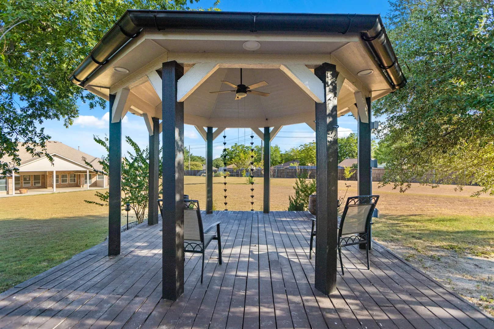 Gazebo with custom gutters and power