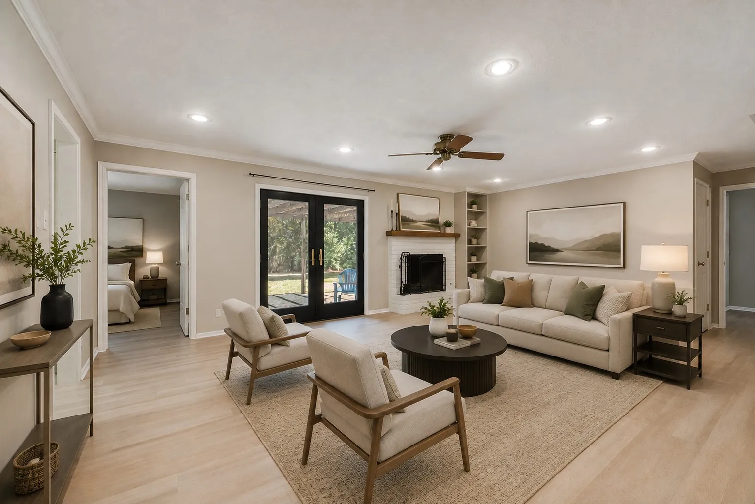Digitally Staged. Spacious front living area showcases brand-new LVP flooring, fresh neutral paint and abundant natural light. The open layout provides a versatile blank canvas ready to fit your personal style.
