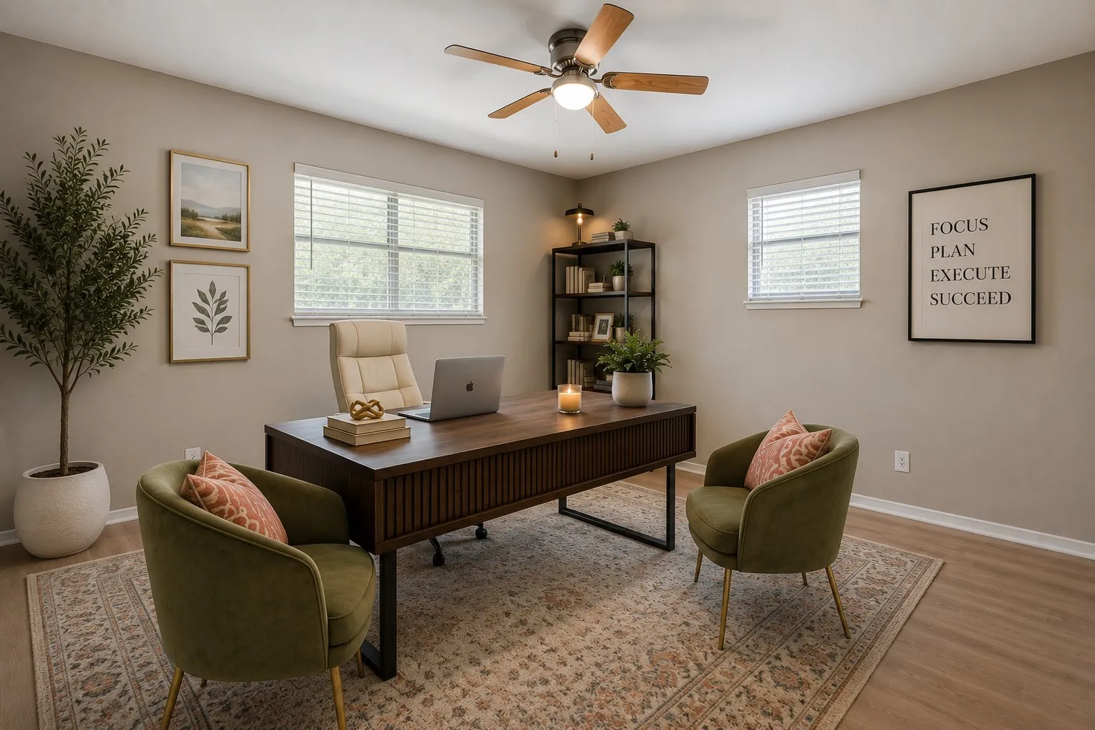 Digitally staged. Bedroom 3 offers brand-new LVP flooring, fresh neutral paint, two windows for natural light and a ceiling fan, creating a bright and versatile space.