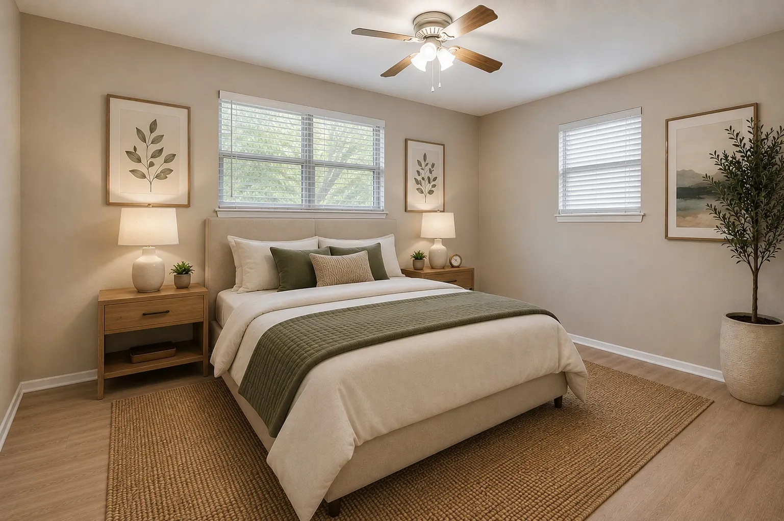 Digitally Staged. Bedroom 2 offers generous space, brand-new LVP flooring, two windows for natural light and a ceiling fan for added comfort.