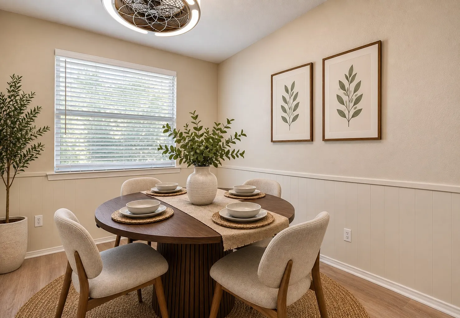 Digitally staged. A dedicated dining area just off the kitchen offers a cozy spot for everyday meals, with natural light and room to make the space your own.