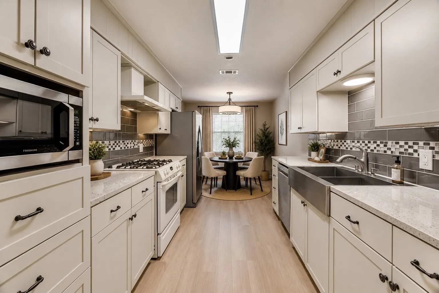 Digitally Staged.Galley-style kitchen offers abundant cabinetry, granite countertops, stainless steel appliances (except range), a gas range and generous prep space. The kitchen flows into a charming dining area overlooking the backyard, creating an easy everyday gathering space.