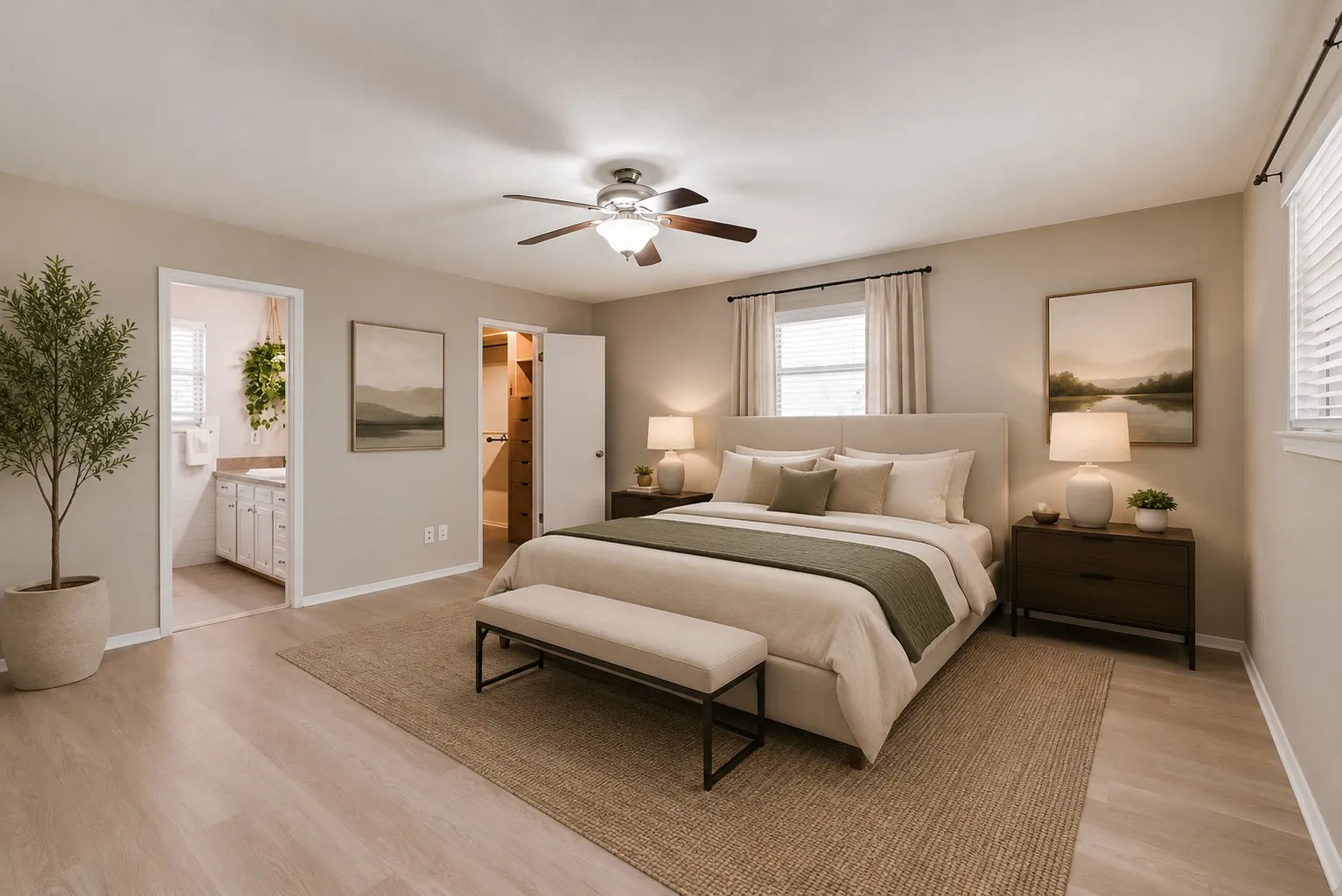 Digitally Staged. Spacious primary suite features brand-new LVP flooring, abundant natural light, a ceiling fan and direct access to the ensuite bath and walk-in closet.