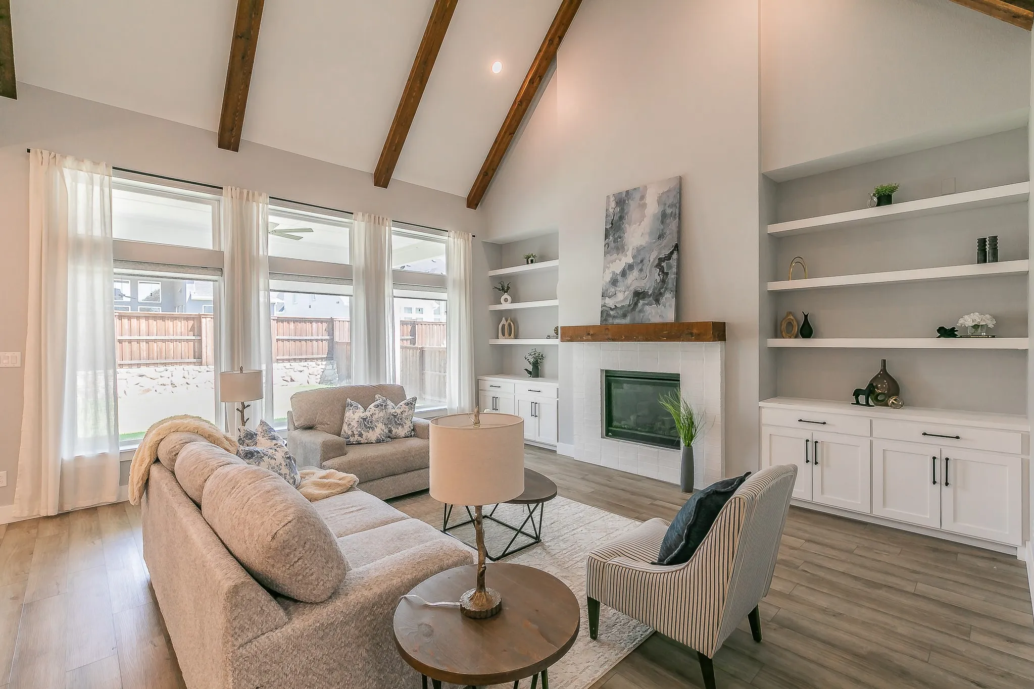 Beautiful wood beams and wood Mantle!!