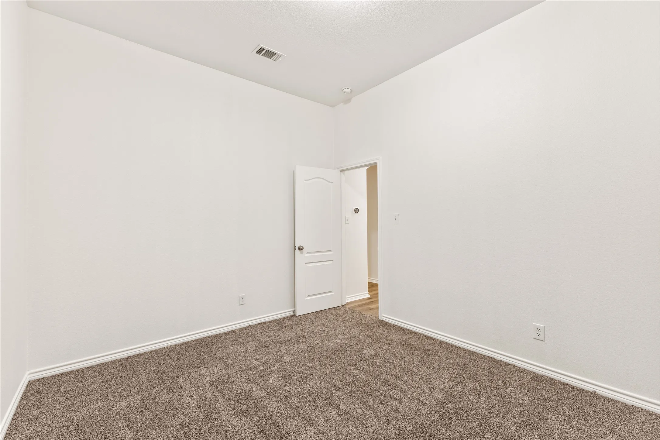 Plush carpet flooring, white painted walls, and a single paneled door