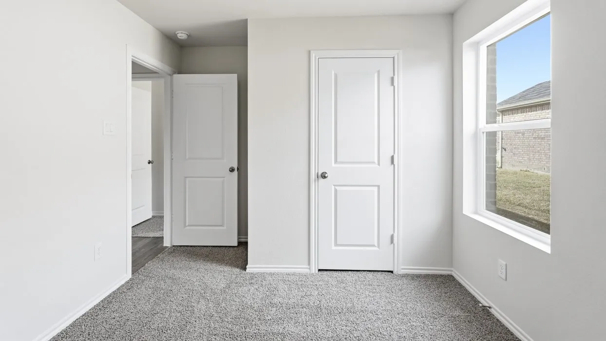 Light gray carpeting with white trim, two white paneled doors, and a single-pane window