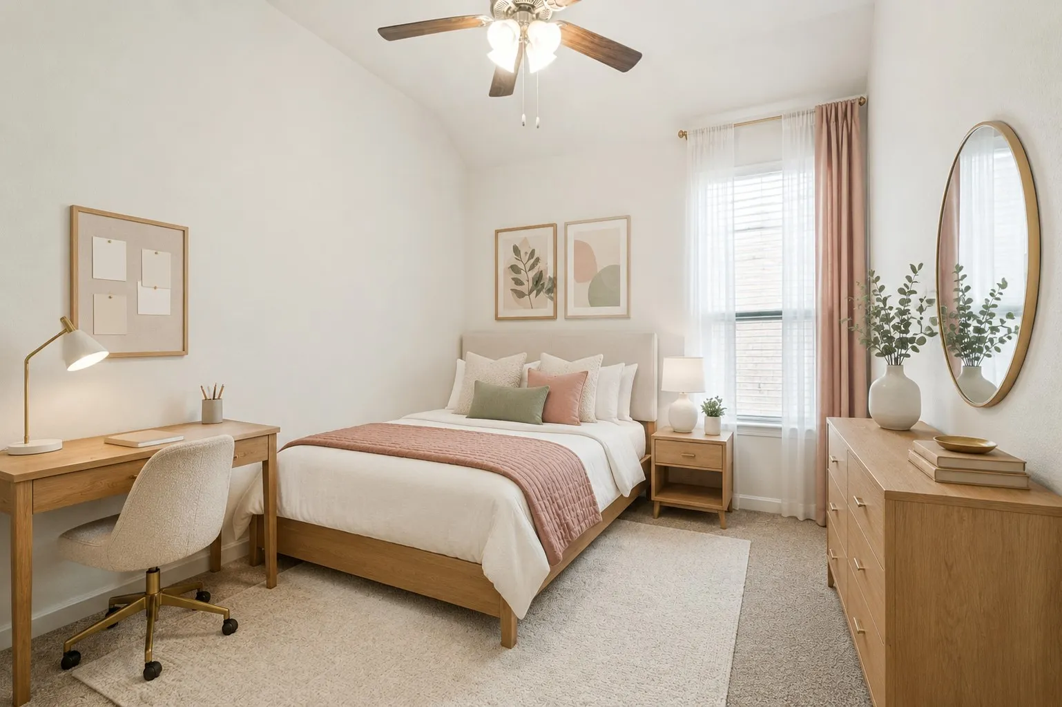 **Virtually staged for effect**Carpeted flooring, vaulted ceiling, and a ceiling fan