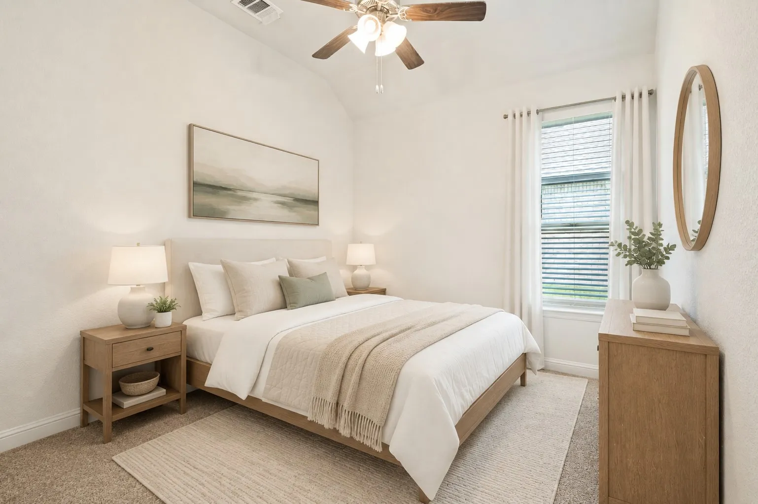 **Virtually staged for effect**Vaulted ceiling with a ceiling fan, window with blinds, carpeted flooring, and a wood-finish dresser