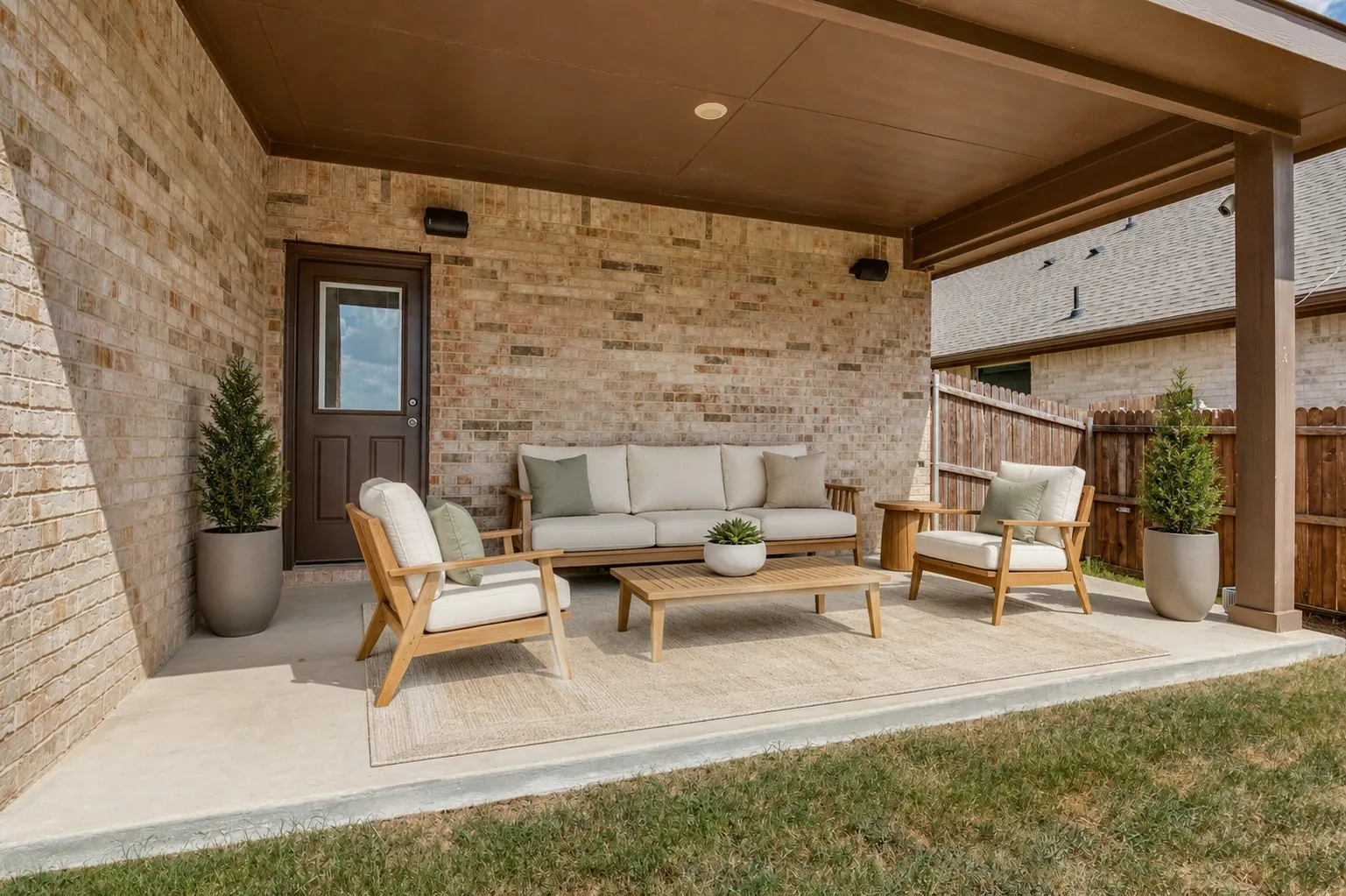 **Virtually staged for effect**Covered patio with a brick exterior, concrete flooring, and an exterior door with a window pane