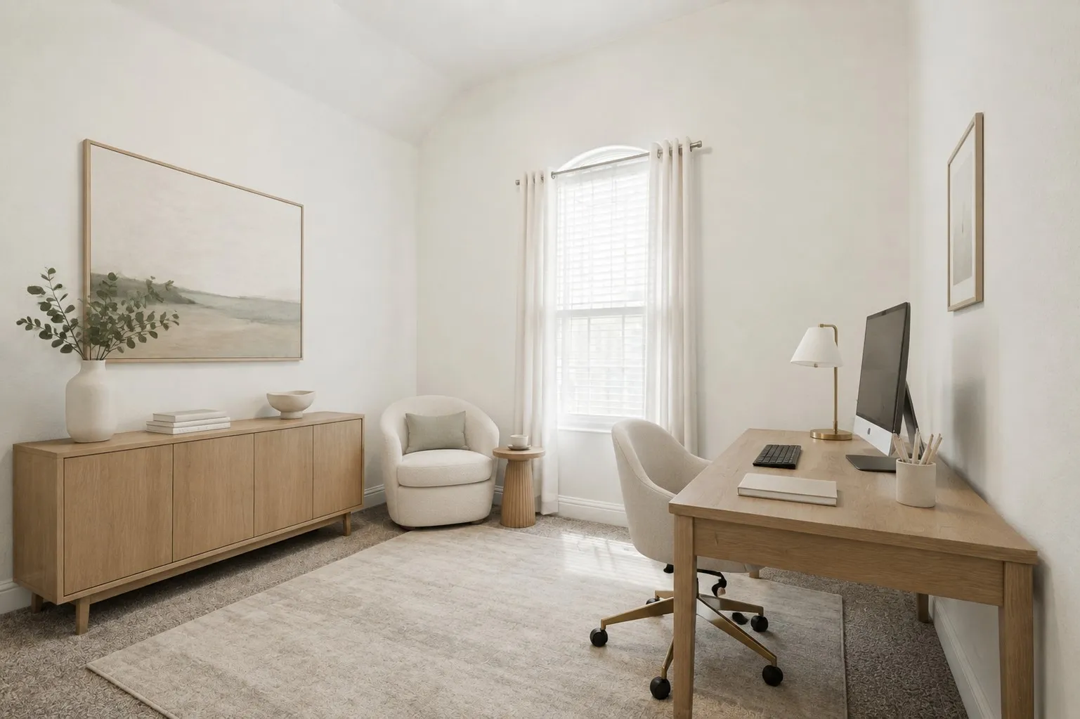 **Virtually staged for effect**Arched window with blinds, vaulted ceiling, and neutral wall tones