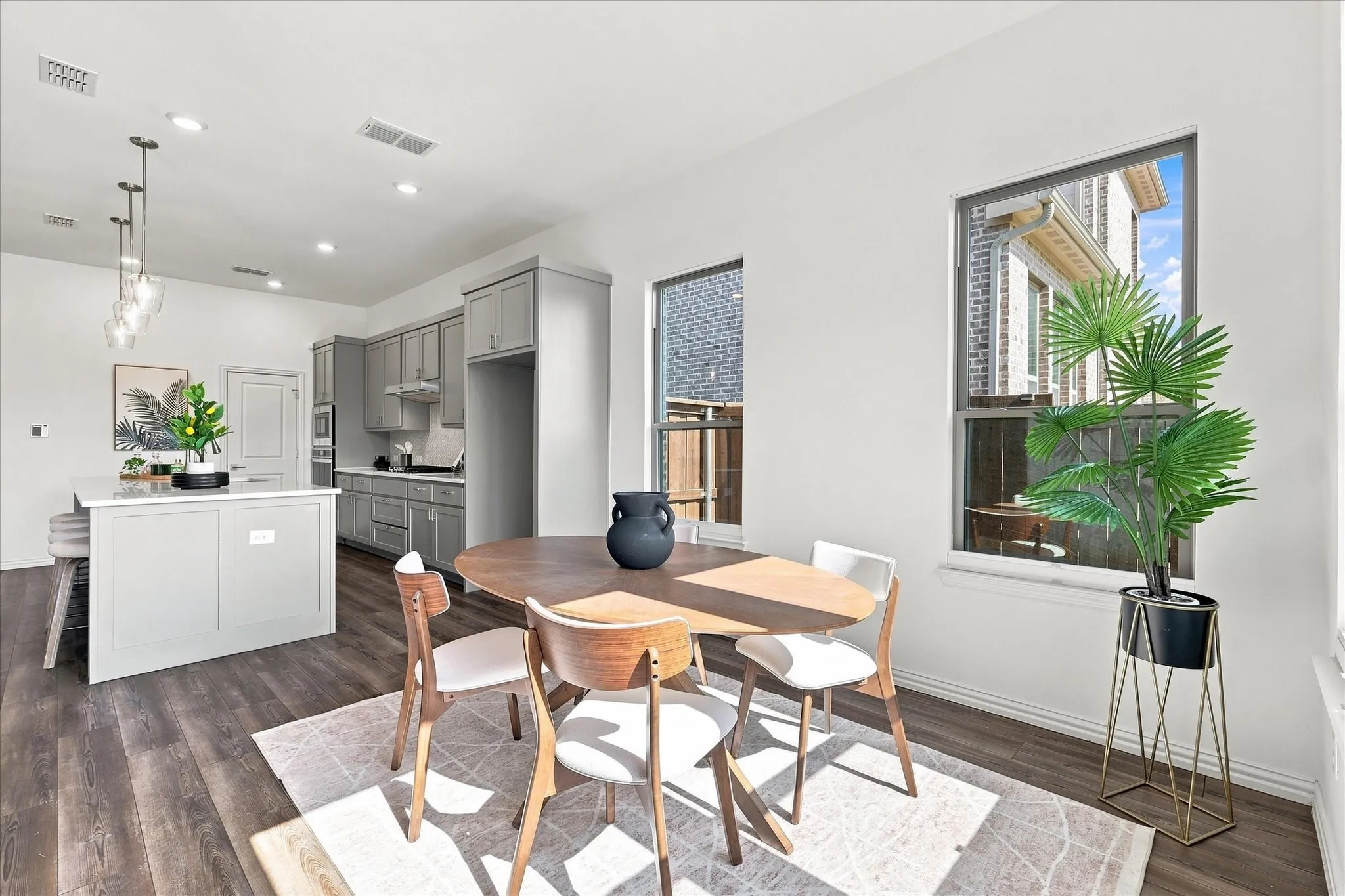 White walls complement the wood-finish flooring