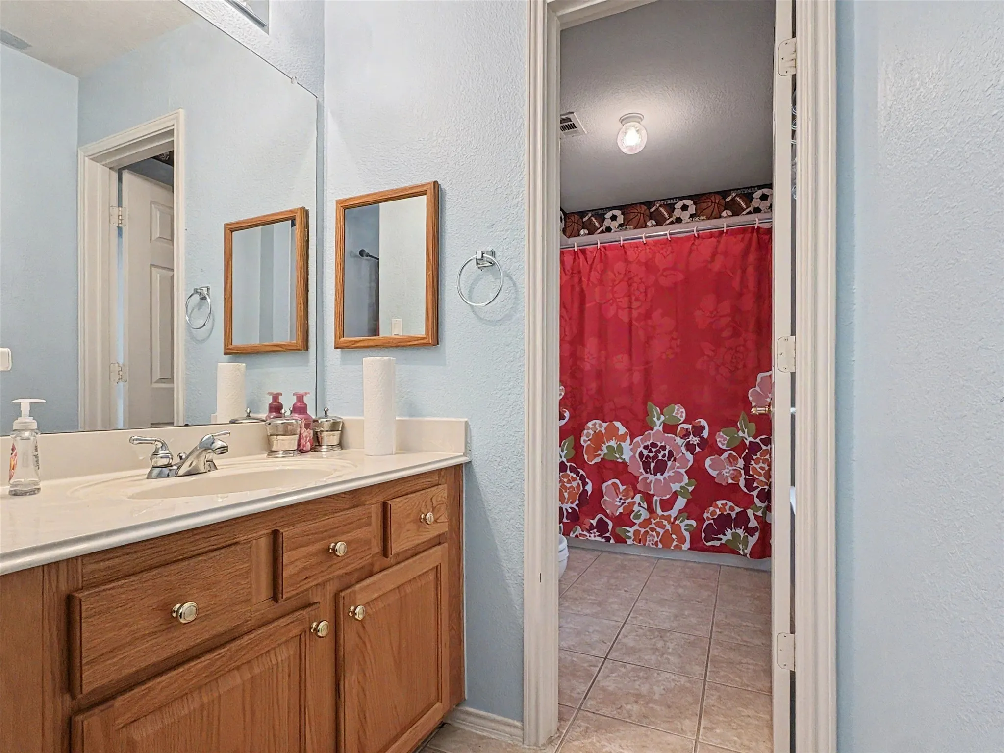 Vanity with a single basin sink, chrome faucet, and wood-finish cabinetry