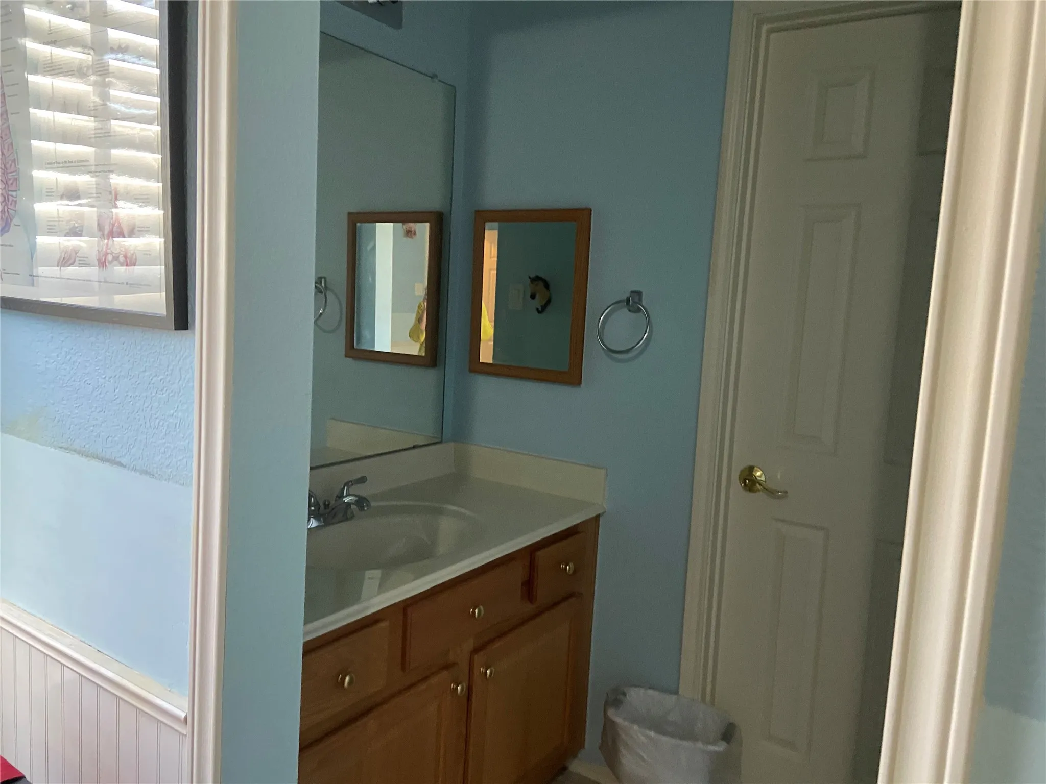 Vanity with an integrated sink, polished chrome faucet, wood-finish cabinetry, and a large wall-mounted mirror