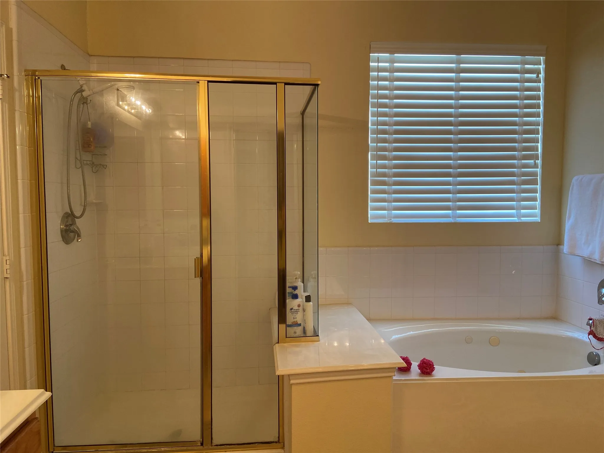 Built-in soaking tub, shower enclosure with a brass-finish frame, and privacy window blinds