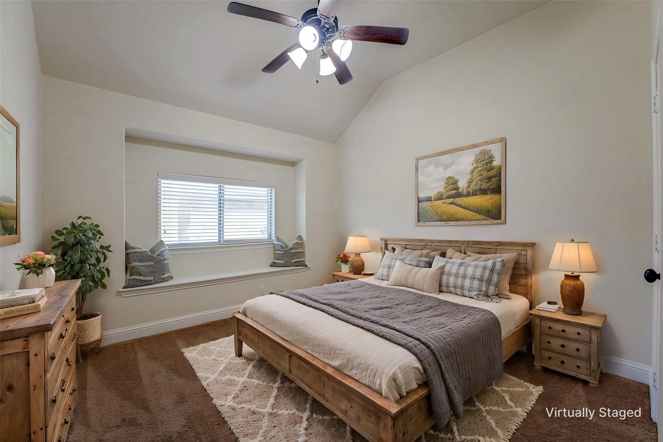 Virtually staged Secondary bedroom with window seat and 10 foot ceiling!