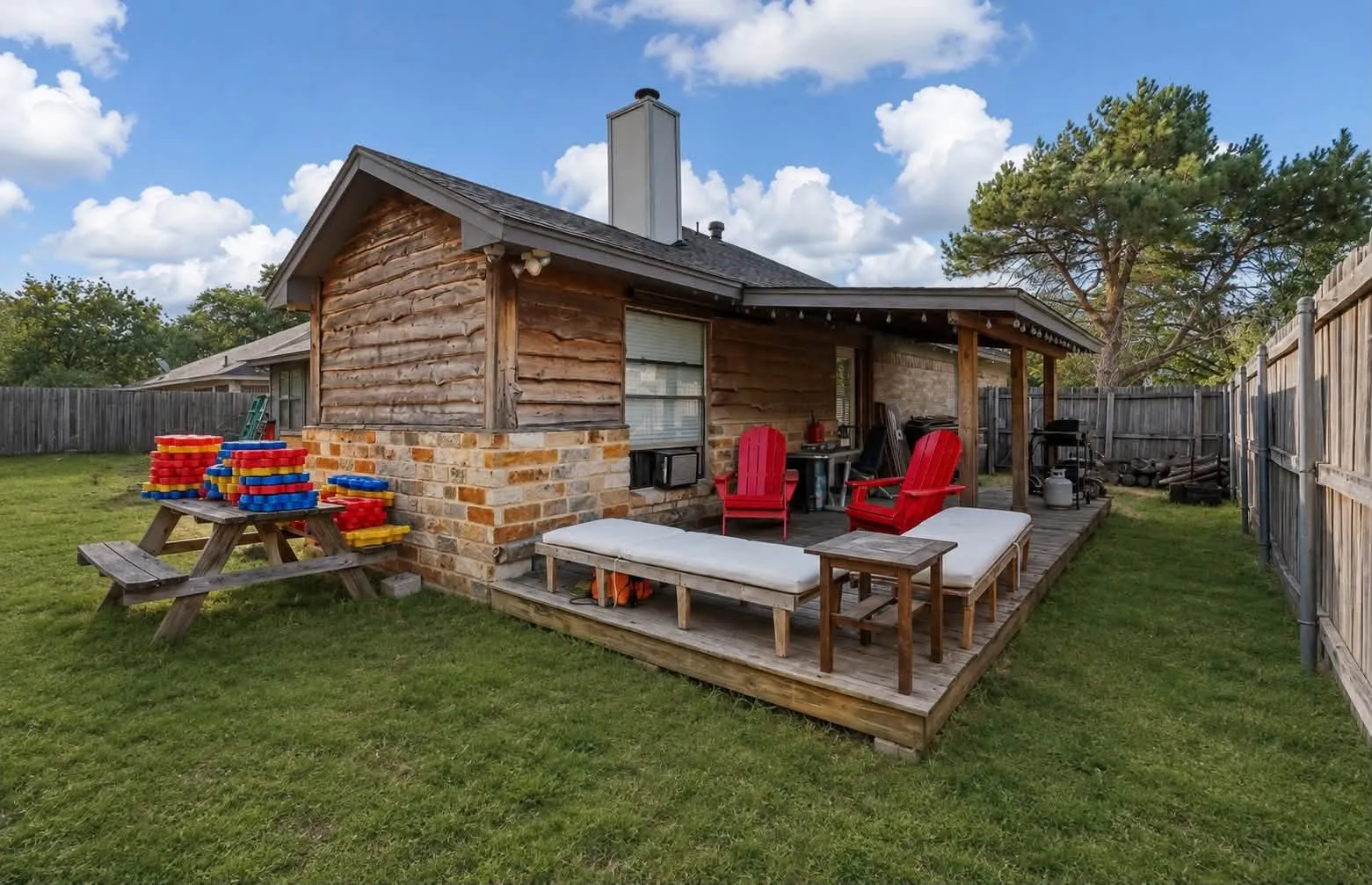 Expansive backyard featuring a covered patio, wood deck, and wood privacy fencing