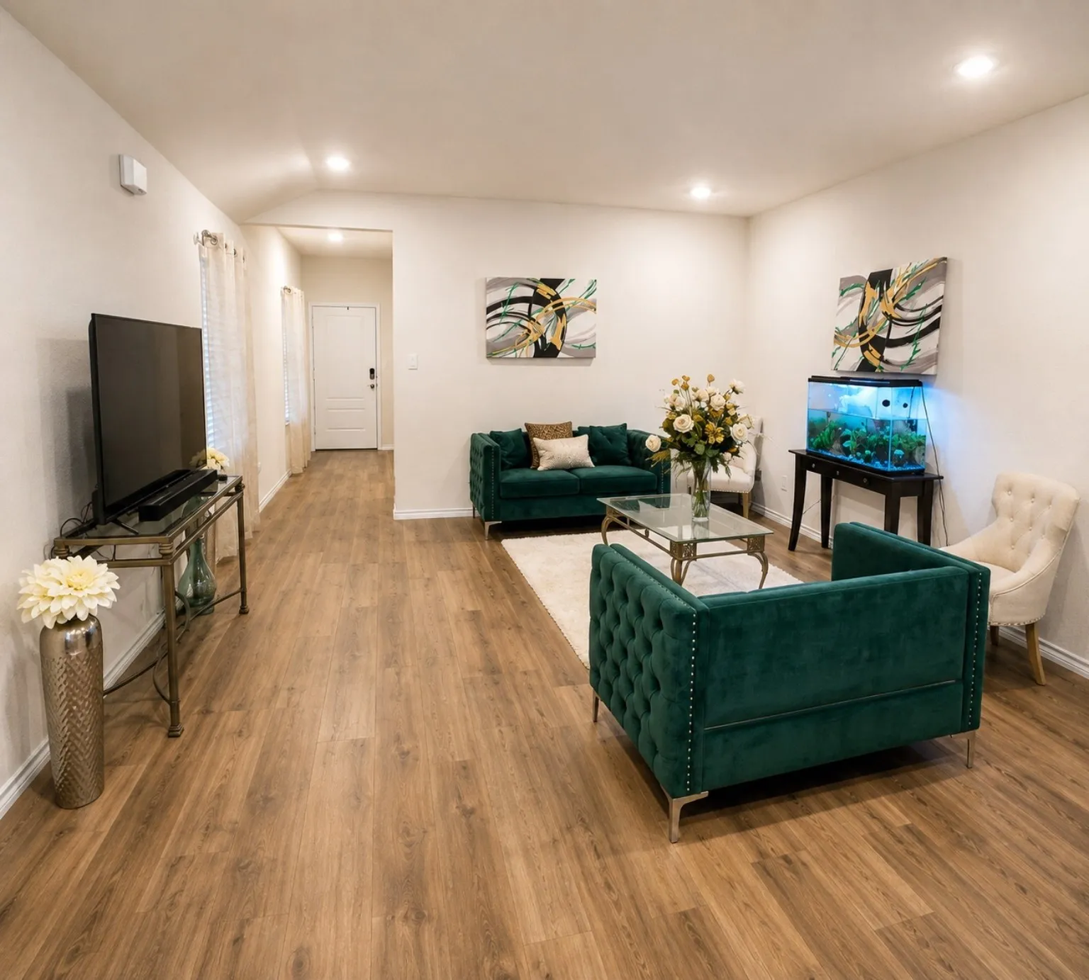 Recessed lighting illuminating wood-finish flooring