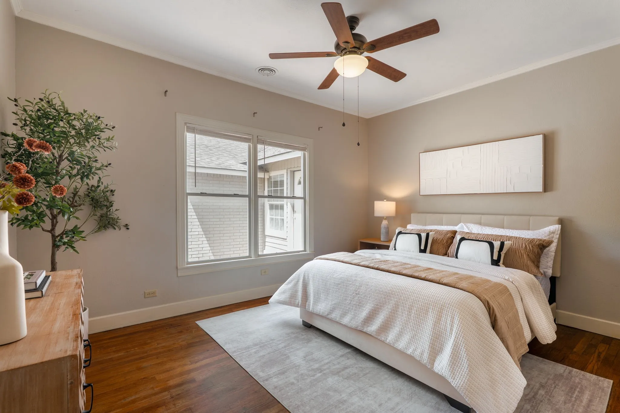hardwood floors, windows for natural light, ceiling fan, large bedroom