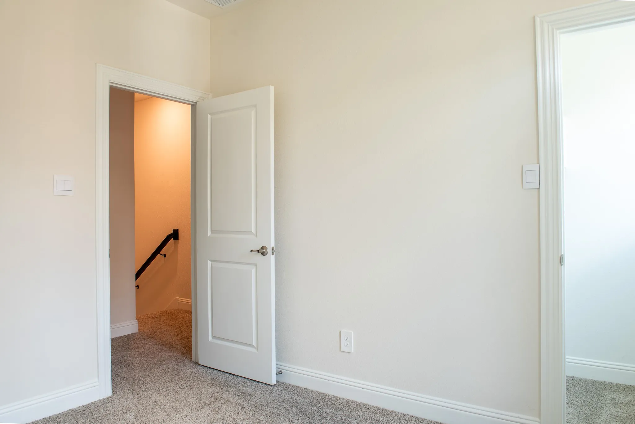 Secondary upstairs bedroom with plush carpet flooring, private closet, and convenient access to hallway and stairs.
