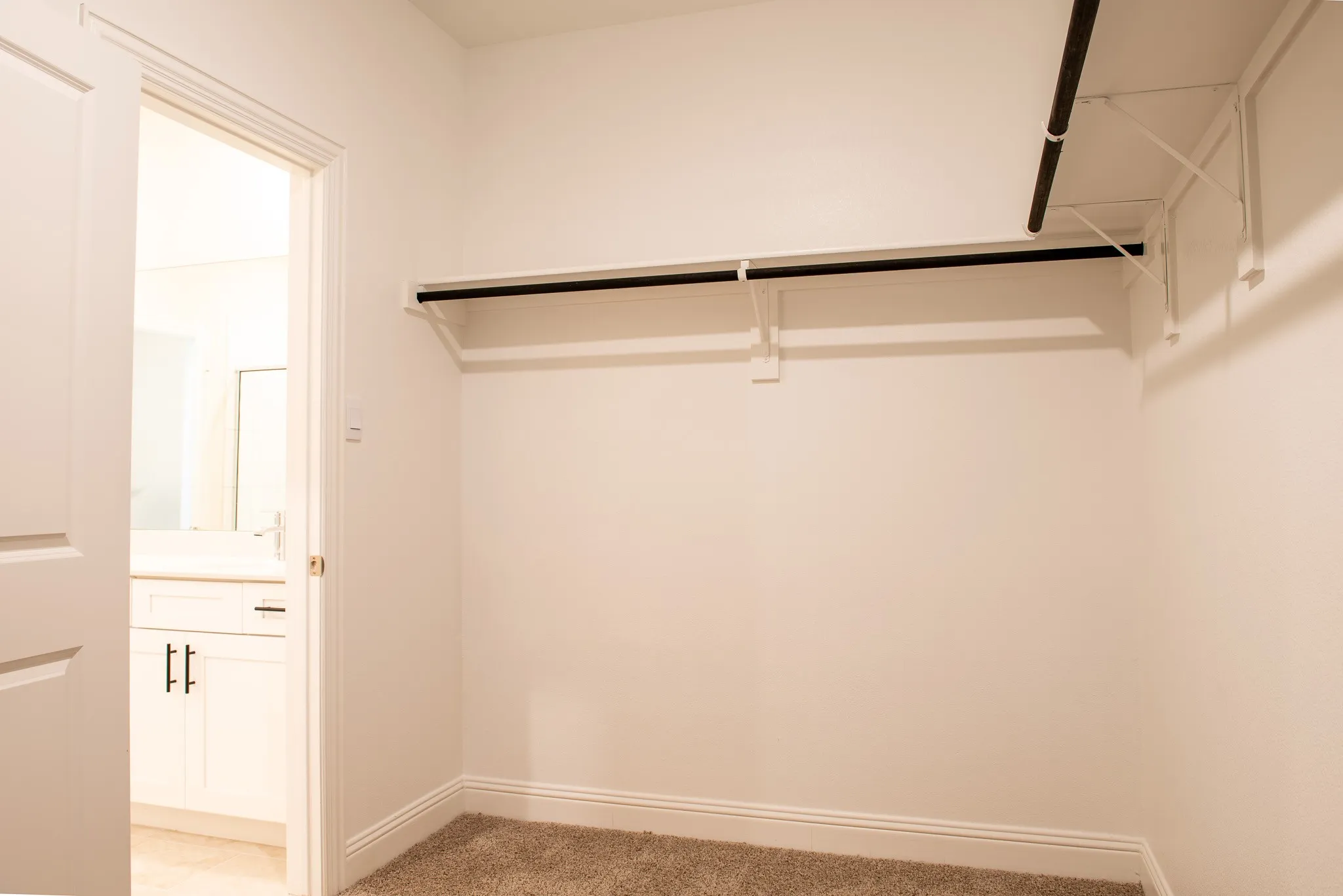 Spacious walk-in master closet with built-in hanging racks and shelving, conveniently connected to the ensuite bathroom.