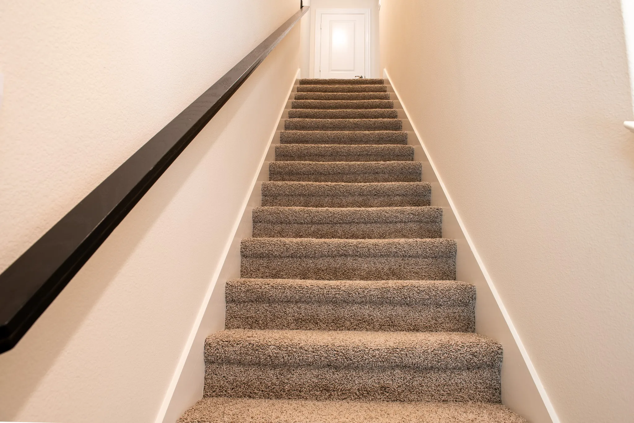 Carpeted staircase with neutral Pebble Path color leading to upstairs