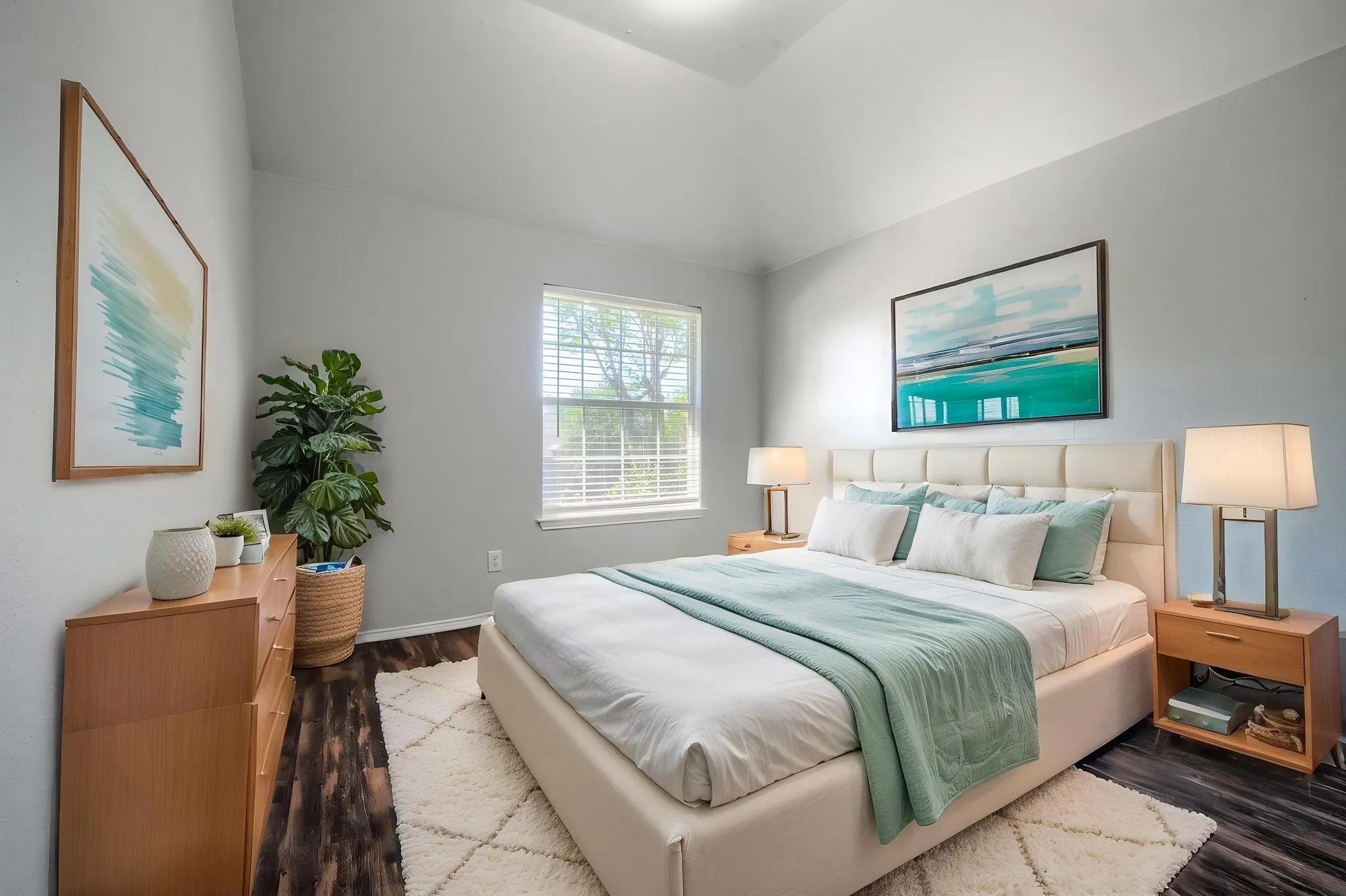 Vaulted ceiling, recessed lighting, wood-finish flooring, and a window with blinds