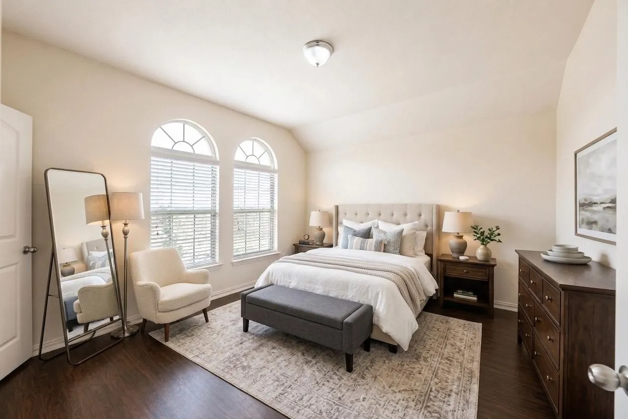Bedroom featuring two arched windows with blinds, dark wood-finish flooring, and a light-colored upholstered headboard