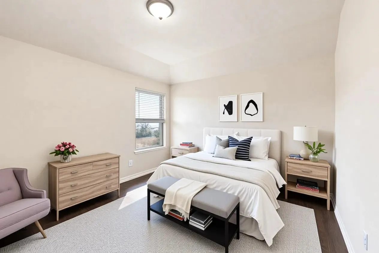 Wood-finish flooring with a neutral wall color, single window with blinds, and a built-in ceiling light fixture