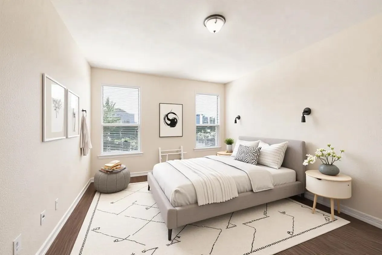 Recessed ceiling light fixture, wood-finish flooring, and two windows with blinds
